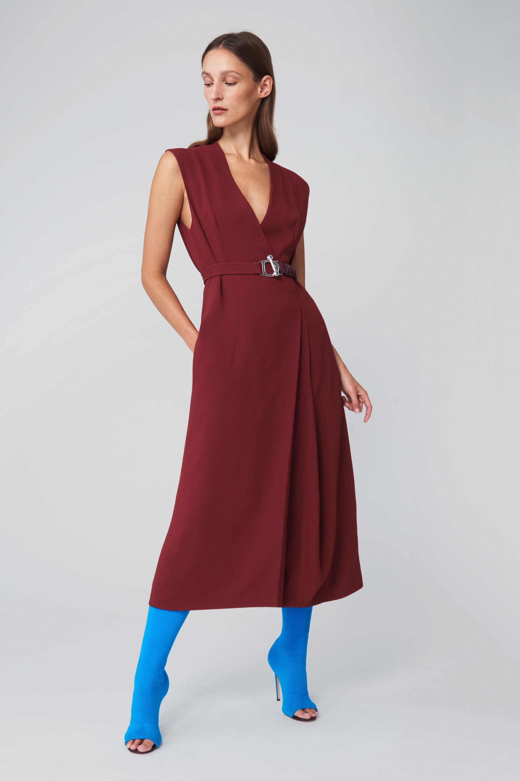 Belted Wrap Dress in Bordeaux Red ...